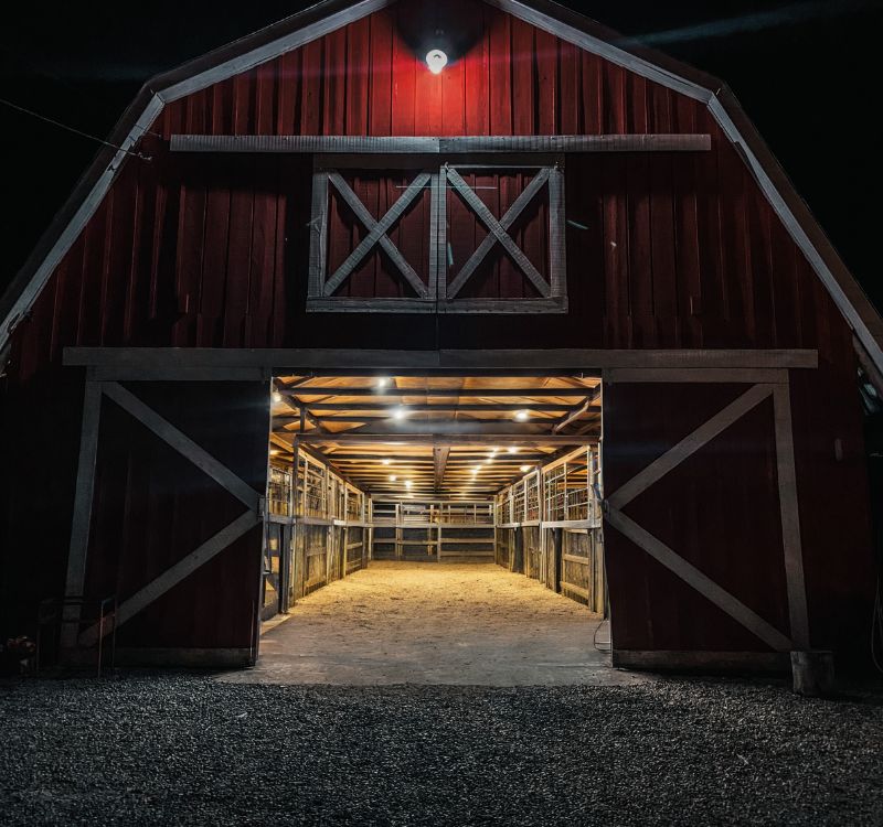 Barn lit up at night